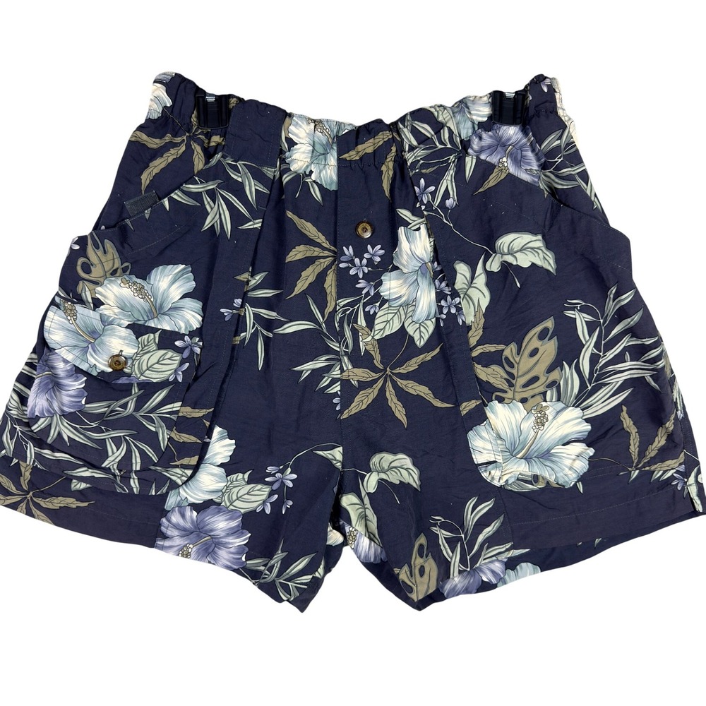 VINTAGE Tommy Bahama Swim Trunks Mens Large Navy Blue Floral Hibiscus Cargo - Picture 1 of 8